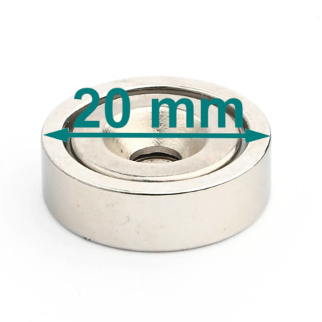 Magnet in housing, diameter 20 mm, with hole for countersunk screw head, neodymium