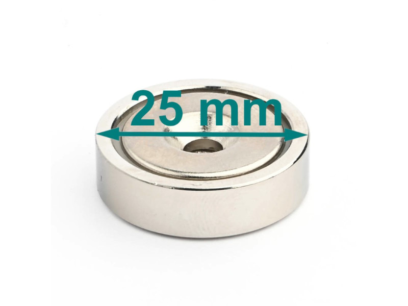 Magnet v ohišju, premer 25 mm, z luknjo za poglobljeno glavo vijaka, neodim