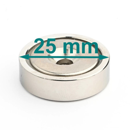 Magnet v ohišju, premer 25 mm, z luknjo za poglobljeno glavo vijaka, neodim