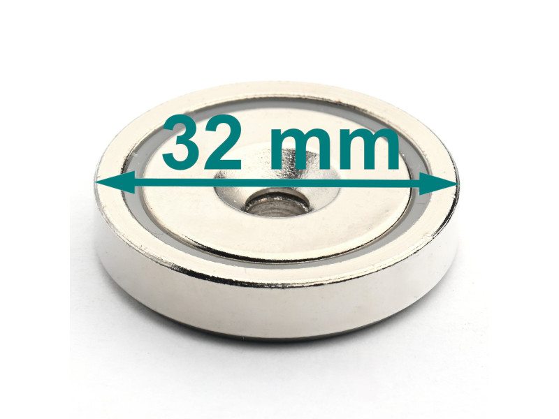 Magnet v ohišju, premer 32 mm, z luknjo za poglobljeno glavo vijaka, neodim