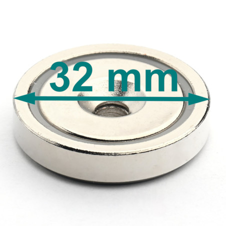 Magnet in housing, diameter 32 mm, with hole for countersunk screw head, neodymium