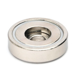 Magneetti kotelossa, halkaisija 25 mm, jossa on poraus litteäpäistä ruuvia varten, neodyymi magneetti