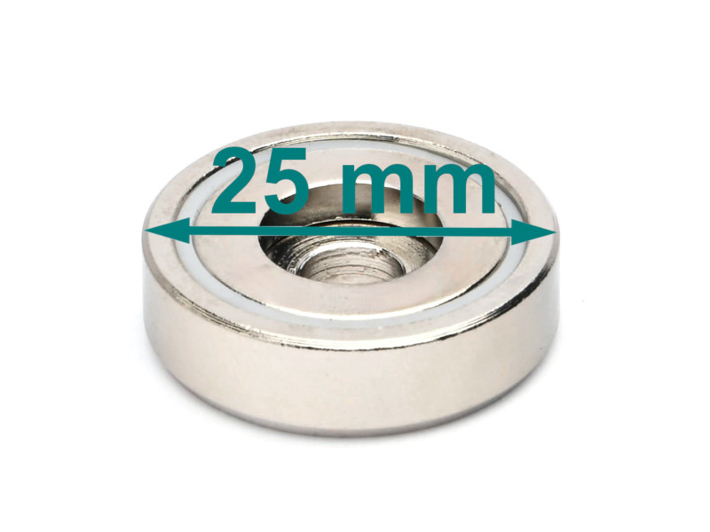 Magneetti kotelossa, halkaisija 25 mm, jossa on poraus litteäpäistä ruuvia varten, neodyymi magneetti