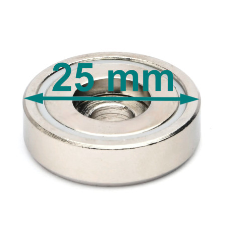 Magnet v puzdre, priemer 25 mm, s otvorom pre skrutku s plochou hlavou, neodymový