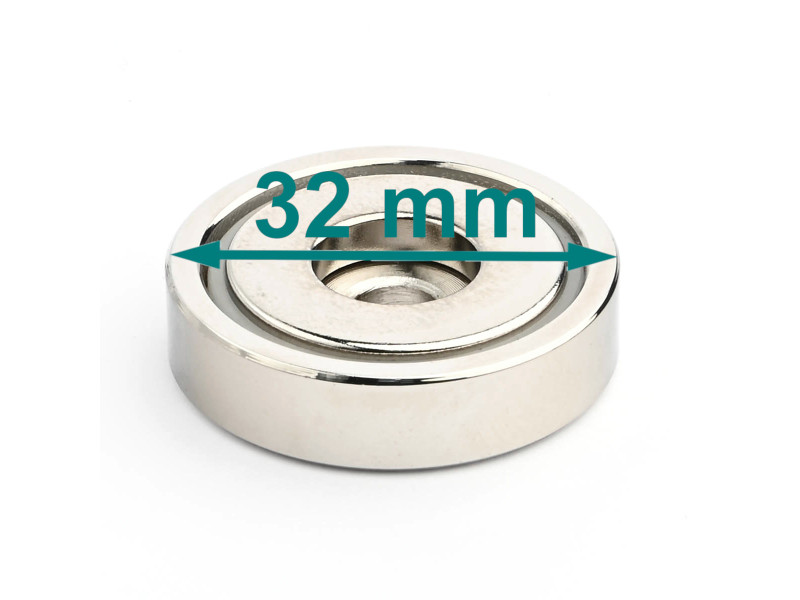 Magnet v ohišju, premer 32 mm, z odprtino za vijak s ploščato glavo, neodim
