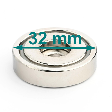 Magnet in housing, diameter 32 mm, with bore for flat head screw, neodymium