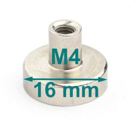 Magnet im Gehäuse, Durchmesser 16 mm, mit Schraubfassung M4 - Neodym