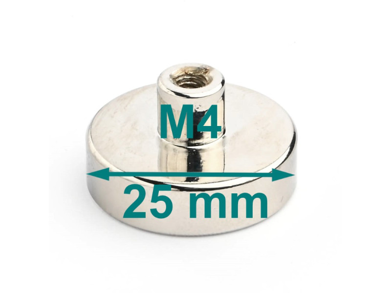 Gövde içinde mıknatıs, çap 25 mm, M4 vida soketli - neodimyum