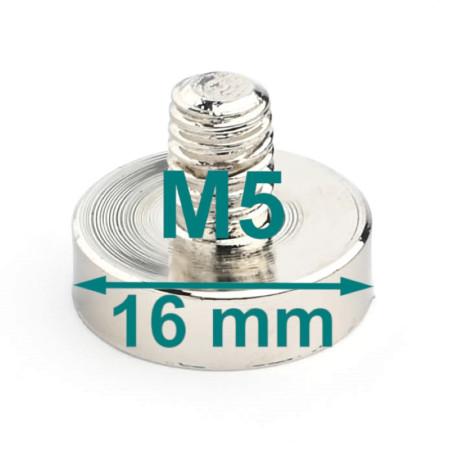 Magnet, diameter 16 mm, M5 external thread, neodymium