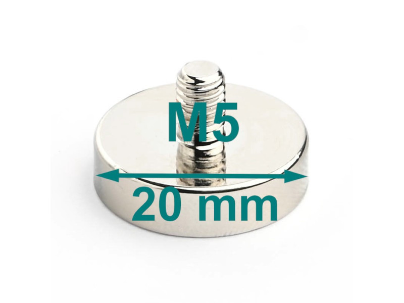 Mıknatıs, çap 20 mm, M5 dış dişli, neodimyum
