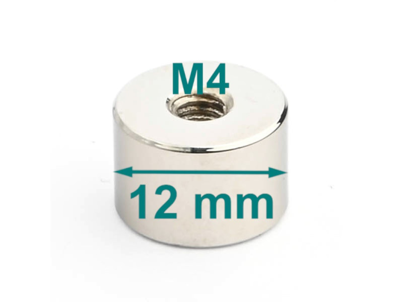 Íman, diâmetro 12 mm, rosca interna M4, altura 8 mm, neodímio