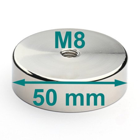Magnet, läbimõõt 50 mm, M8 sisekeermega, kõrgus 15 mm, neodüüm magnet.