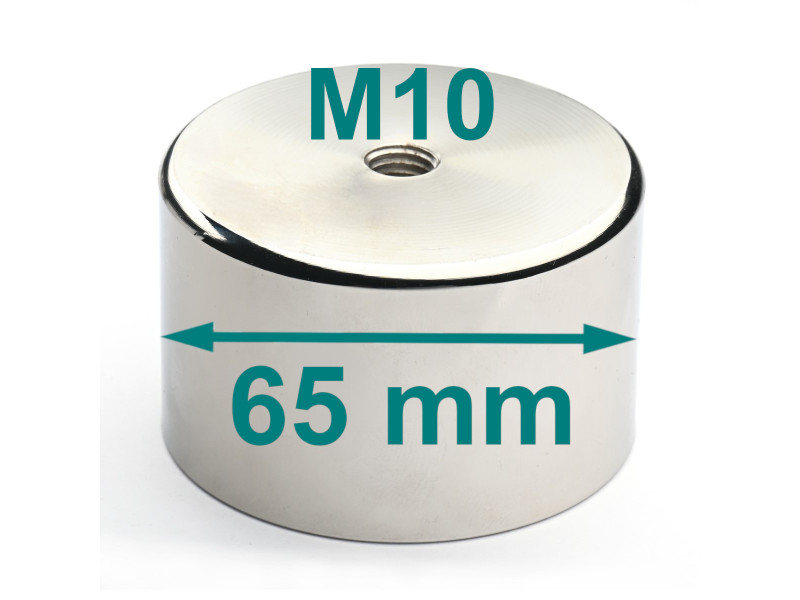 Mıknatıs, çap 65 mm, M10 iç dişli, yükseklik 40 mm, neodimyum