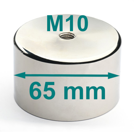 Magnet, diameter 65 mm, M10 internal thread, height 40 mm, neodymium