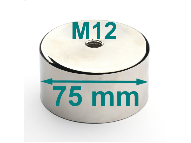Magnet, diameter 75 mm, M12 innvendig gjenge, høyde 40 mm, neodymium
