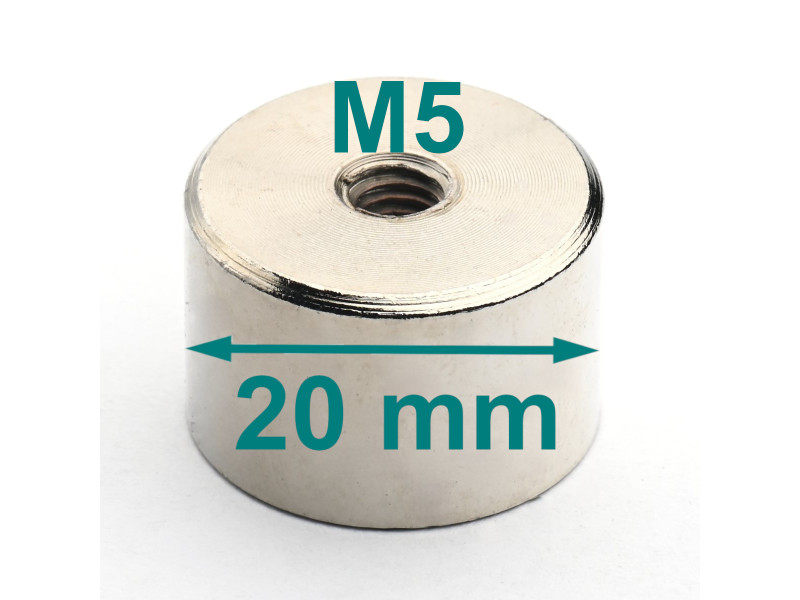 Mıknatıs, çap 20 mm, M5 iç dişli, yükseklik 13 mm, neodimyum