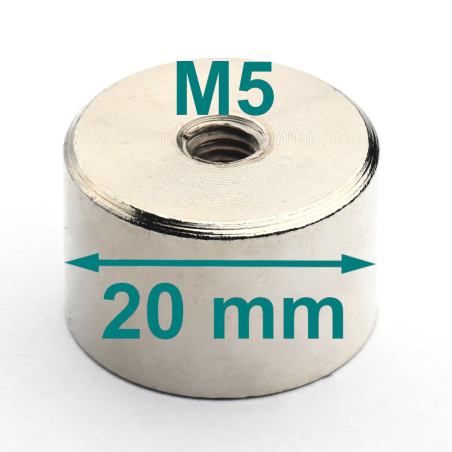 Magnet, diametru 20 mm, filet interior M5, înălțime 13 mm, neodymium