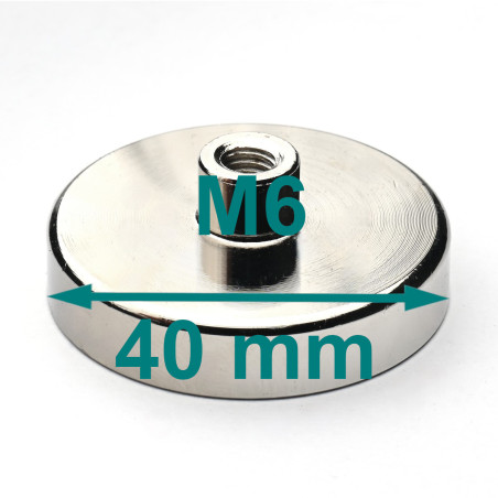 Magnet i hus, diameter 40 mm, med skruehylse M6 - neodymium