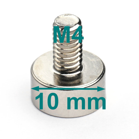 Magnet, diameter 10 mm, M4 utvändig gänga, neodymium