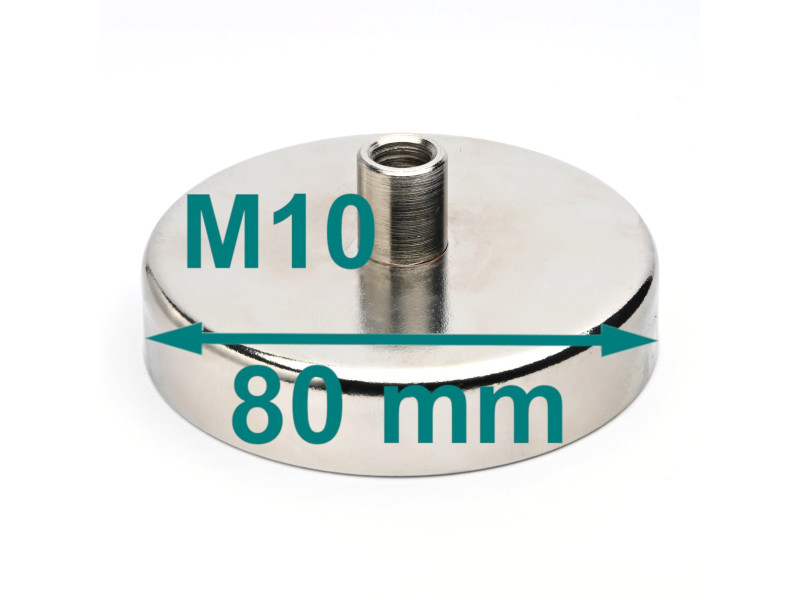 Magnet i hus, diameter 80 mm, med skruestik M10 - ferrit