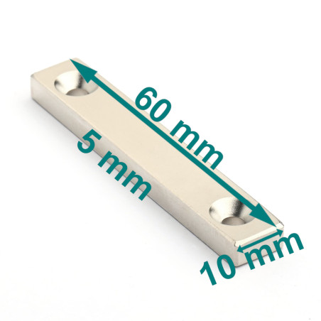 60 X 10 X 5 - D7,2/d3,6 / N38 - Neodymium magneet (NdFeB)