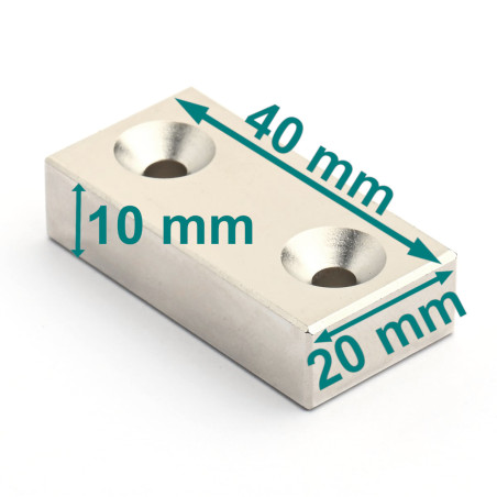 40 X 20 X 10 - D10,5/d4,3 / N38 - Neodym Magnet (NdFeB)