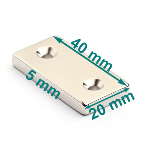 40 X 20 X 5 - D7,2/d3,6 / N38 - Magnet de neodim (NdFeB)