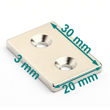 30 X 20 X 3 - D7,2/d3,6 / N38 - magnet de neodim (NdFeB)