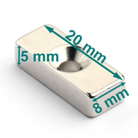 20 X 8 X 5 - D7/d3,5 / N38 - Neodym Magnet (NdFeB)