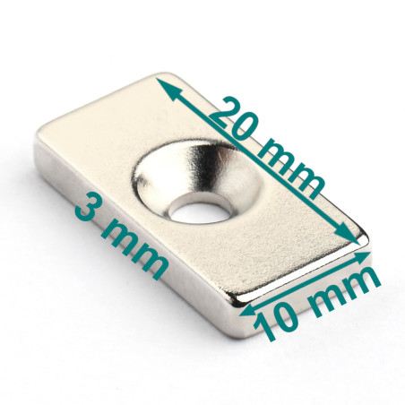 20 X 10 X 3 - D7,2/d3,6 / N38 - Neodym Magnet (NdFeB)