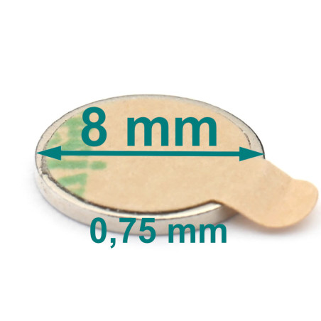 D8 x 0,75 / N38 - íman de neodímio (NdFeB) / autocolante, com fita adesiva 3M 467MP