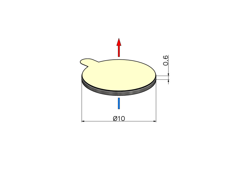 D10 x 0,6 / N38 - neodimov magnet (NdFeB) / samolepilni, s trakom 3M 467MP