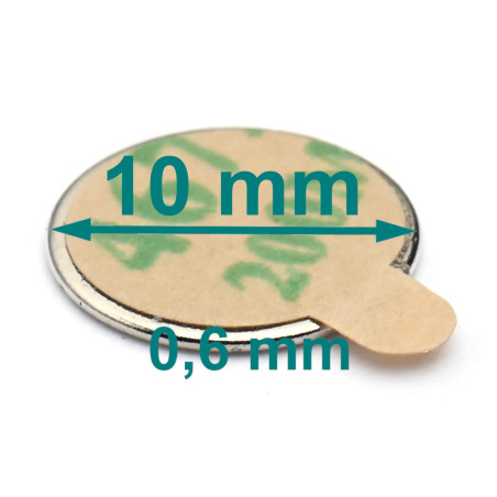 D10 x 0,6 / N38 - Neodyymimagneetti (NdFeB) / itseliimautuva, teipillä 3M 467MP