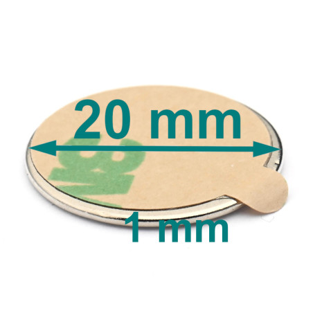 D20 x 1 / N38 - Neodymový magnet (NdFeB) / samolepiaci, s páskou 3M 467MP