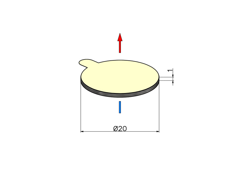D20 x 1 / N38 - Neodymmagnet (NdFeB) / selvklebende, med tape 3M 467MP