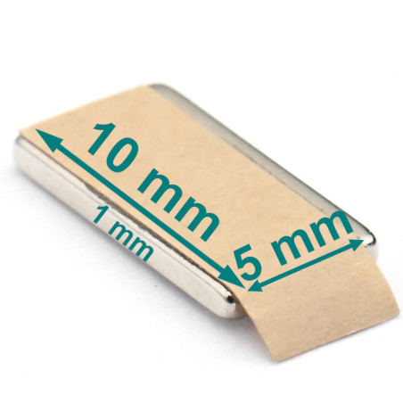 10 x 5 x 1 / N38 - íman de neodímio (NdFeB) / autocolante, com fita adesiva 3M 467MP
