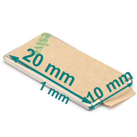 20 x 10 x 1 / N38 - Magnete al neodimio (NdFeB) / autoadesivo, con nastro 3M 467MP