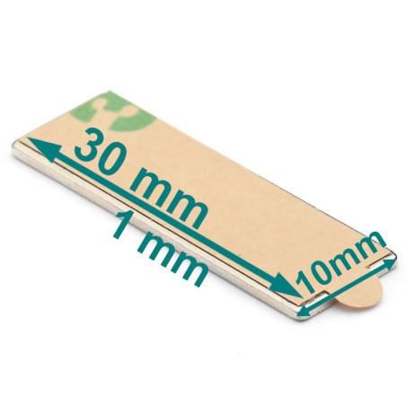 30 x 10 x 1 / N38 - Neodymmagnet (NdFeB) / selvklebende, med tape 3M 467MP