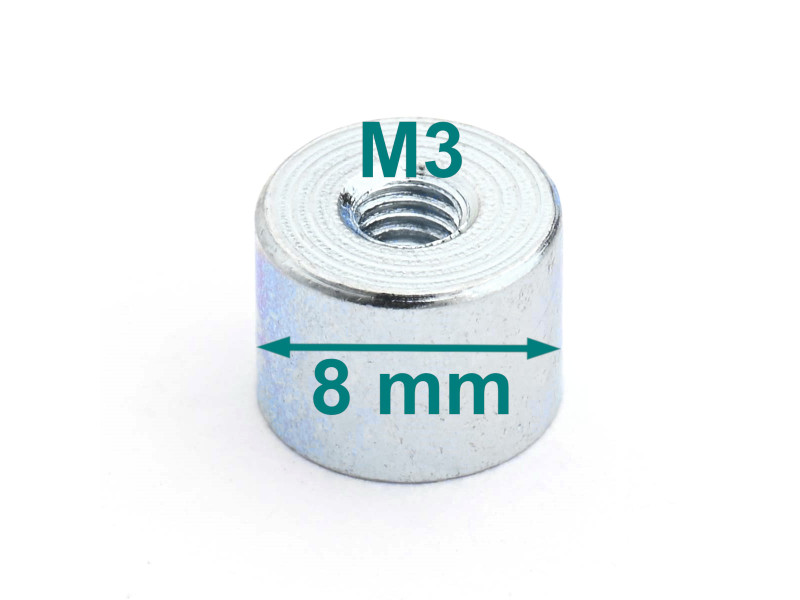 Mıknatıs, çap 8 mm, M3 iç dişli, yükseklik 6 mm, neodimyum