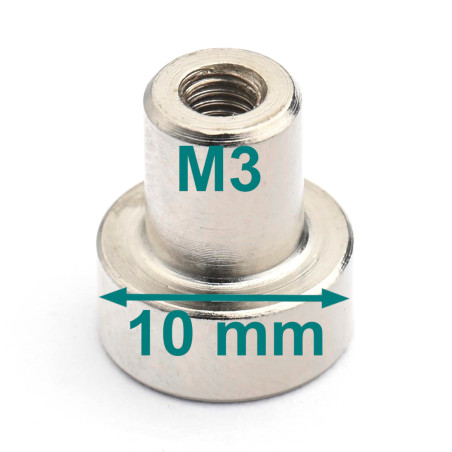 Magnet i hus, diameter 10 mm, med skruestik M3 - neodymium