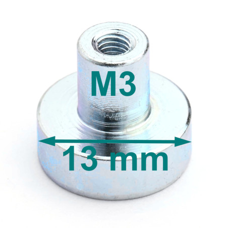 Magnet i hus, diameter 13 mm, med skruestik M3 - neodymium