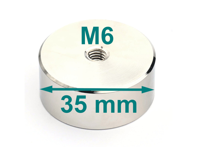 Magnet, diameter 35 mm, M6 innvendig gjenge, høyde 15 mm, neodymium