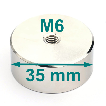 Magnet, diameter 35 mm, M6 indvendigt gevind, højde 15 mm, neodymium