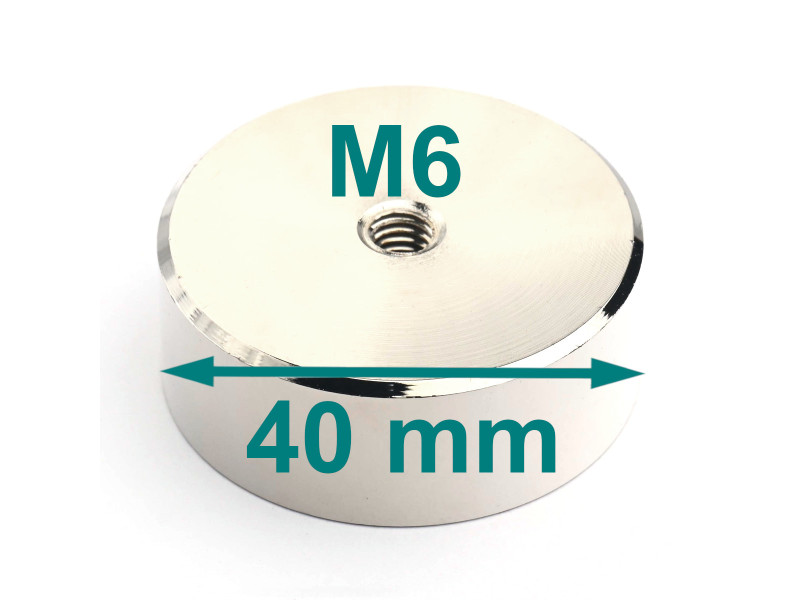 Magnet, priemer 40 mm, vnútorný závit M6, výška 15 mm, neodymový