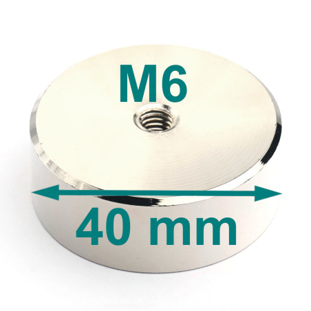Magnet, läbimõõt 40 mm, M6 sisekeermega, kõrgus 15 mm, neodüüm magnet.