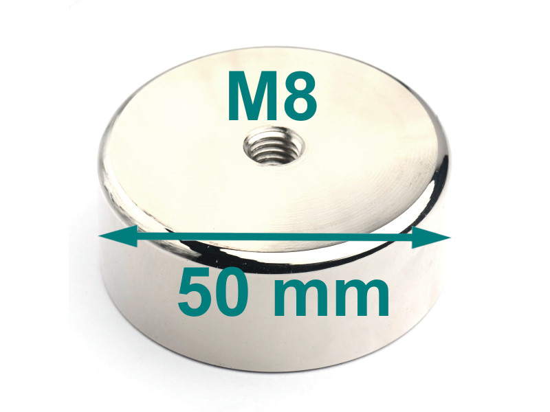 Magnet, diametru 50 mm, filet interior M8, înălțime 20 mm, neodymium