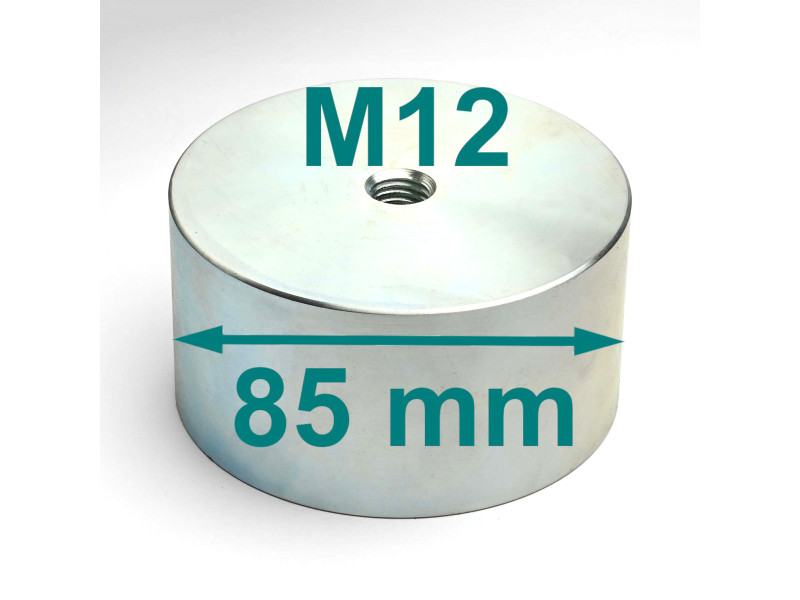 Magnet, diameter 85 mm, M12 innvendig gjenge, høyde 45 mm, neodymium