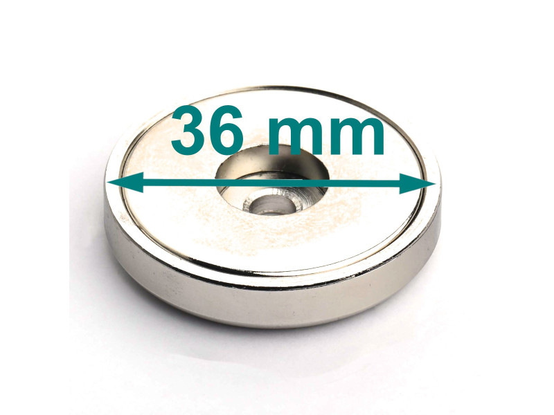 Magnet v ohišju, premer 36 mm, z odprtino za vijak s ploščato glavo, neodim