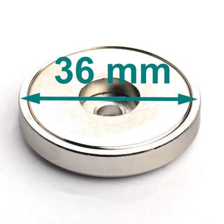Magnetas korpuse, 36 mm skersmens, su anga plokščiagalviui varžtui, neodiminis