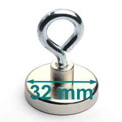 Aimant en boîtier avec crochet à oeil, diamètre 32 mm, avec douille à vis M5 - néodyme